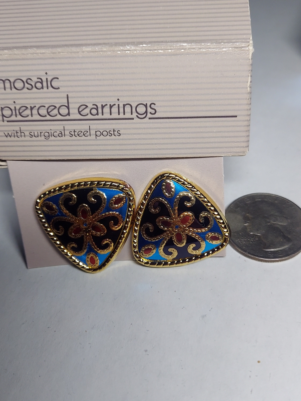 VintageAvon Mosiac Blue, Black & Gold Enamel Triangle Stud Earrings